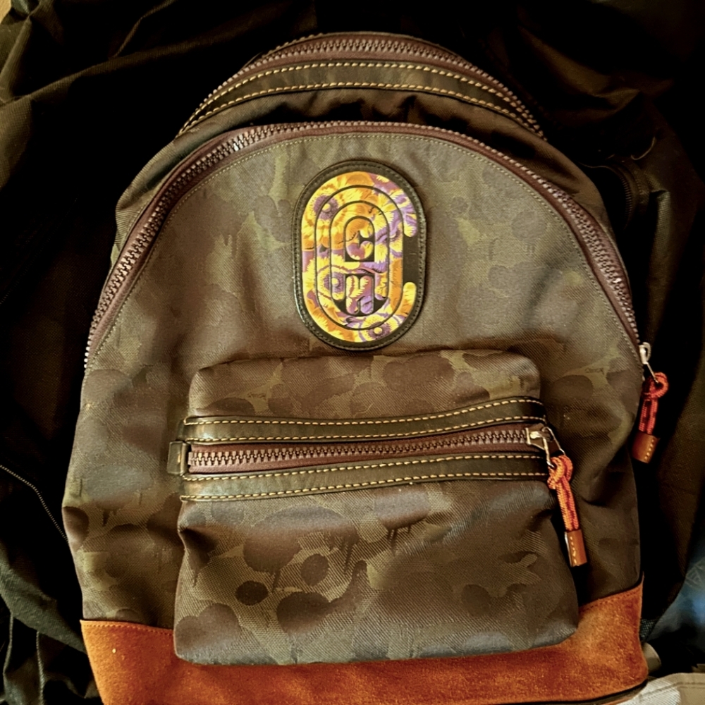 Coach BackPack, Green Army Camouflage with Orange and Purple Accents